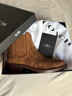 Coach Tan Suede Ankle Boots Laser Cut Western Style Booties